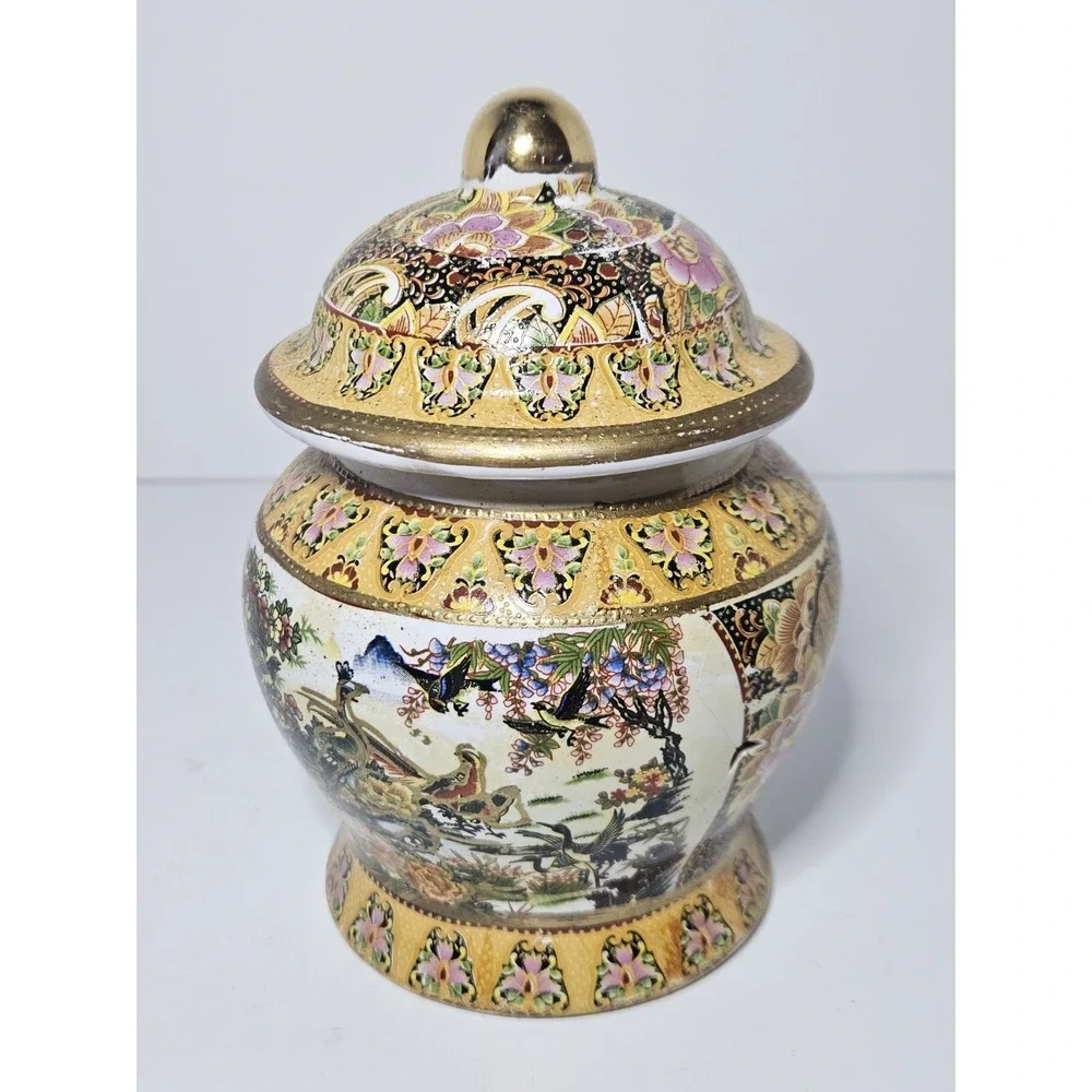 Vintage Satsuma Style Covered Ginger Jar Gold Moriage Peacock Bird Floral Urn